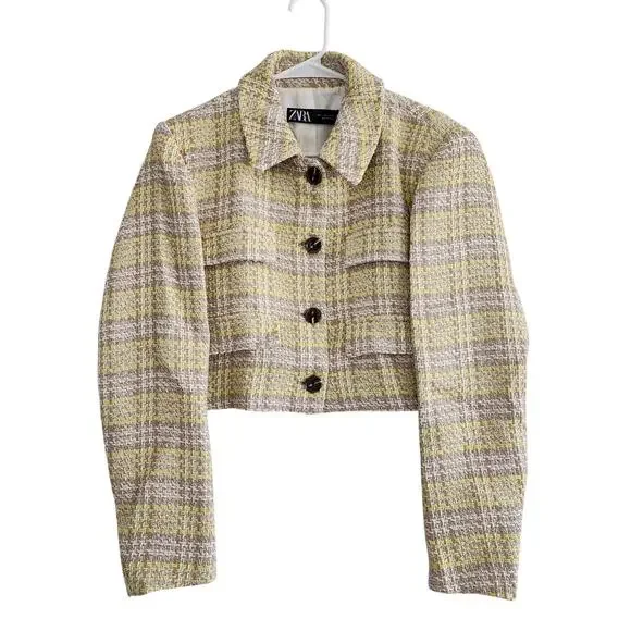 Zara Beige & Yellow Plaid Textured Cropped Lapel Collar Blazer Size Large - Picture 3 of 8